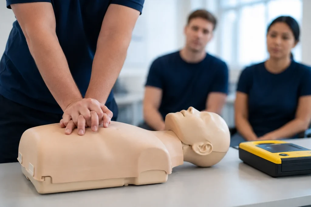 Hands-on CPR training with a manikin and training AED.