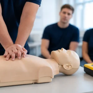 Hands-on CPR training with a manikin and training AED.