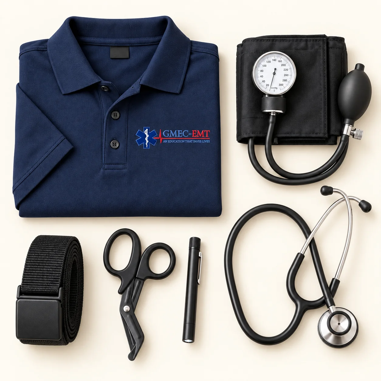 Essential EMT student package with one GMEC polo, blood pressure cuff, stethoscope, penlight, trauma shears and EMS belt.