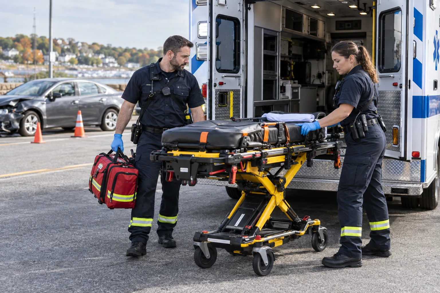 EMTs with a modern powered cot and ambulance at a roadside accident scene.