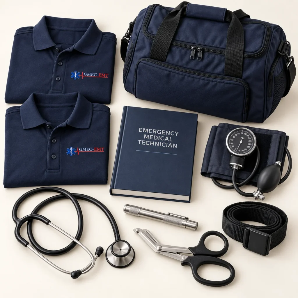 Premium EMT student package with two GMEC polos, textbook, professional blood pressure cuff and stethoscope, reusable penlight, premium trauma shears, EMS belt and equipment bag.