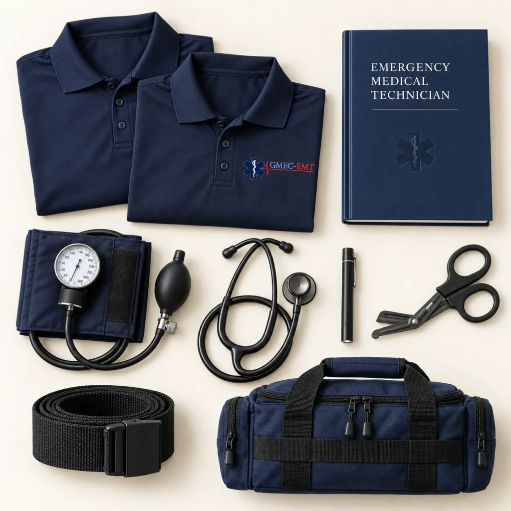 Professional EMT student package with two GMEC polos, textbook, blood pressure cuff, upgraded stethoscope, penlight, trauma shears, EMS belt and equipment bag.